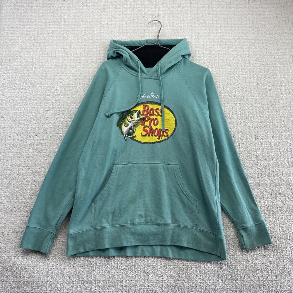 Bass Pro Shops x Johnny Morris Hoodie Adult Sz M Green / Blue Fishing Read